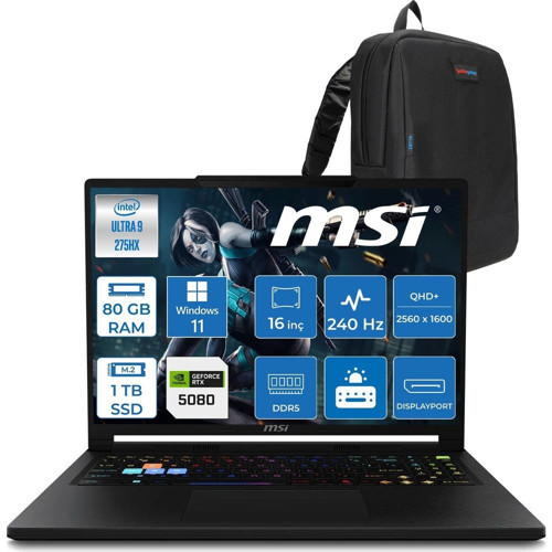 Raider 16 Hx B2WI-021TR Intel Ultra 9 275HX Aı 80GB Ddr5 1tb SSD 16GB/RTX5080 175W 16" QHD+(2560X1600), 240Hz IPS 100% Dcı-P3 WINDOWS11PRO Gaming Laptop MSW021TRP35+ZETTAÇANTA