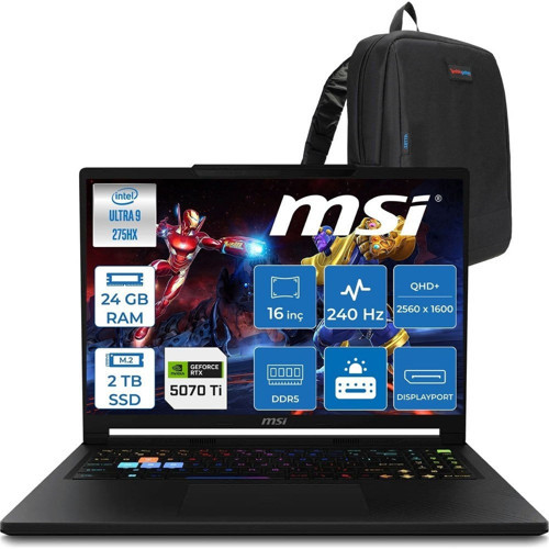 Raider 16 Hx B2WH-091TR Intel Ultra 9 275HX Aı 24GB Ddr5 2tb SSD 12GB/RTX5070Tİ 140W 16" QHD+(2560X1600), 240Hz IPS 100% Dcı-P3 Freedos Gaming Laptop MSW091TRF05+ZETTAÇANTA