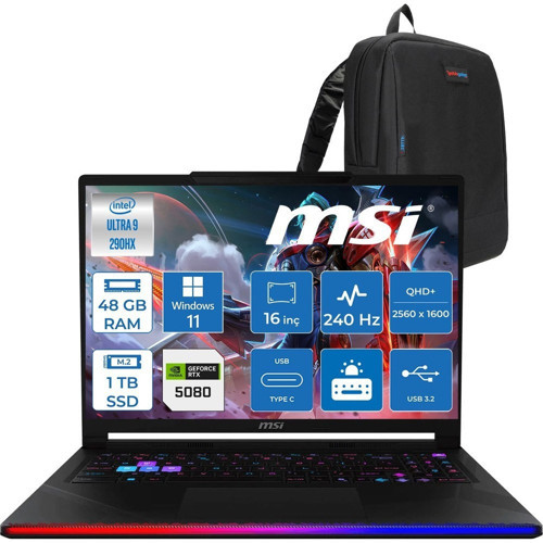 Raider 16 Max Hx OLED B2WI-092TR Intel Core Ultra 9 290HX Plus 48GB Ddr5 1tb SSD Rtx 5080 16GB 175W Windows 11 Pro 16” Qhd+ (2560X1600) 240Hz Oyuncu Bilgisayarı 092TRP06 + Zetta Çanta