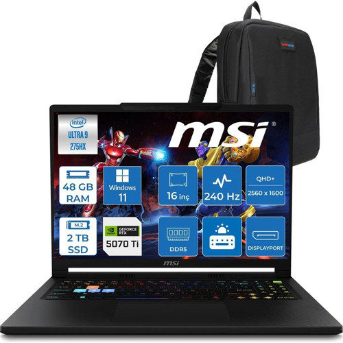 Raider 16 Hx B2WH-091TR Intel Ultra 9 275HX Aı 48GB Ddr5 2tb SSD 12GB/RTX5070Tİ 140W 16" QHD+(2560X1600), 240Hz IPS 100% Dcı-P3 WINDOWS11PRO Gaming Laptop MSW091TRP21+ZETTAÇANTA