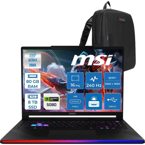 Raider 16 Max Hx OLED B2WI-092TR Intel Core Ultra 9 290HX Plus 80GB Ddr5 8tb SSD Rtx 5080 16GB 175W Freedos 16” Qhd+ (2560X1600) 240Hz Oyuncu Bilgisayarı 092TRF20 + Zetta Çanta