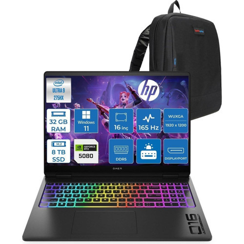 Omen Max 16-AH0009NT Intel Core Ultra 9 275HX 32GB Ddr5 8tb SSD RTX5080 16GB 120W Windows 11 Pro 16" Wuxga (1920X1200) IPS 400NITS 165Hz Oyuncu Bilgisayarı OB92QQEAP18 + Zetta Çanta