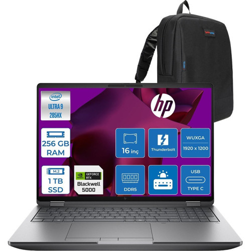 Zbook Fury G1I Intel Ultra 9 285HX Ddr5 256GB 1tb SSD 24GB/RTXPRO5000 Wuxga 400NITWi-Fi 7+Bt 5.4 Windows 11 Pro Aı Iş Istasyonu 5F9T8ESP64 + Zettaçanta