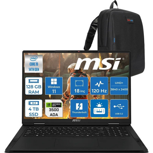 Creatorpro X18 Hx A14VKSG-481TR Intel Core I9 14900HX 128GB Ddr5 4tb SSD Windows 11 Pro Rtx 3500 Ada Gddr6 12GB 175W 18 Inç Uhd+ (3840×2400) 120Hz Mobil Iş Istasyonu 481TRP20 + Zetta Çanta