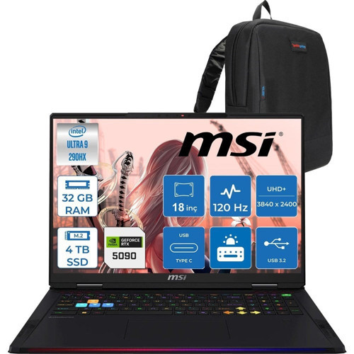 Raider 18 Max Hx A2WJ-1059TR Intel Core Ultra 9 290HX Plus 32GB Ddr5 4tb SSD Rtx 5090 24GB 175W Freedos 18” Uhd+ (3840X2400) Miniled 120HZ IPS Oyuncu Bilgisayarı 1059TRF03 + Zetta Çanta