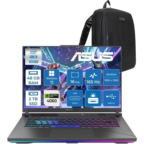 Rog Strix G16 G614JVR 14. Nesil Intel I9-14900HX 48GB Ddr5 2tb SSD RTX4060/8GB 140W 16 Inç (1920 x 1200, Wuxga) 165Hz IPS WIN11HOME Gaming Bilgisayar WN3095H19+ZETTAÇANTA