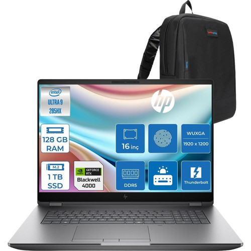 Zbook Fury G1I Intel Ultra 9 285HX Ddr5 128GB 1tb SSD 16GB/RTXPRO4000 Blackwell Wuxga (1920 x 1200) IPS 400NIT Wi-Fi7+Bt 5.4 Windows 11 Pro Aı Iş Istasyonu 5F9Q9ESP42 + Zettaçanta