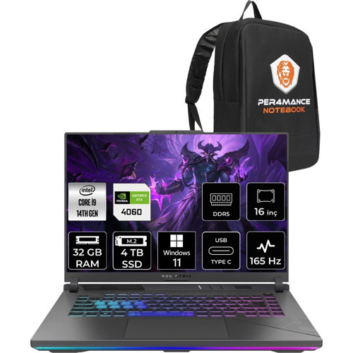Rog Strix G16 i9 14900HX RTX 4060 Gaming Laptop 32GB RAM 4TB SSD 16" FHD+ 165Hz Win11 Pro + Per4 Çanta N3117P400