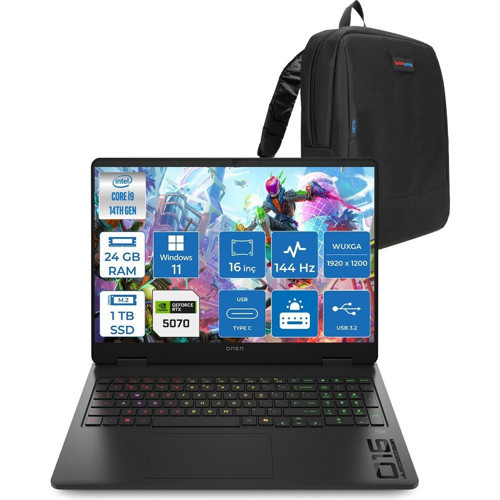 Omen 16-AM0031NT Intel Core I9 14900HX 24GB Ddr5 1tb SSD RTX5070 8gb Gddr7 Windows 11 Pro 16 Inç Wuxga (1920X1200) 144Hz 300NITS IPS Taşınabilir Bilgisayar C39J4EAP08 + Zetta Çanta