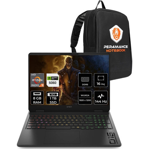 Omen 16 Ryzen 9 8940HX RTX 5060 8GB 8GB RAM 1TB SSD 16" FHD+ 144Hz FreeDOS C3YN8EAPN303 Gaming Laptop + Per4 Çanta