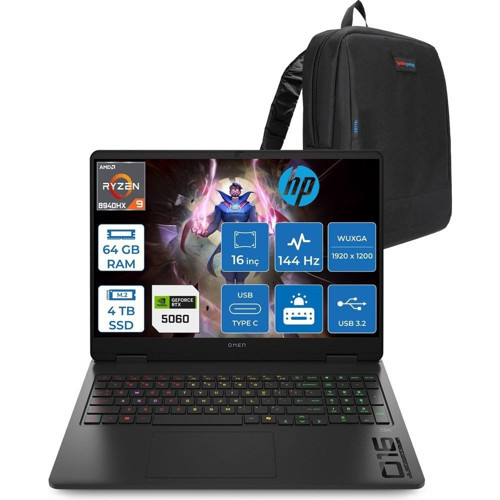 Omen Amd Ryzen 9 8940HX 64GB 4tb SSD 8GB/RTX5060/130W 16" Wuxga 144Hz 300NITS %62,5 Srgb Windows 11 Pro Gaming Bilgisayar C39JFEAP24 + Zettaçanta