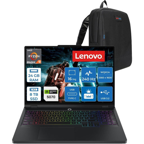 Legion Pro 5 Amd Ryzen 9 8940HX 24GB 8tb SSD 8GB/RTX5070/115W 16" Wqxga (2560X1600) IPS 500NITS 240Hz Windows 11 Pro Gaming Bilgisayar L83LT003STRF50 + Zettaçanta