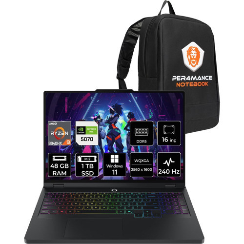 Legion Pro 5 Ryzen 9 8940HX RTX 5070 8GB Gaming Laptop 48GB RAM 1TB SSD 16" QHD+ 240Hz Win11 Pro + Per4 Çanta 83LT0046TRP453