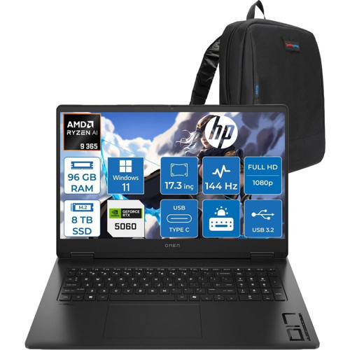 Omen 17-DB1022NT Amd Ryzen Aı 9 365 96GB Ddr5 8tb SSD Windows 11 Home RTX5060 8gb Gddr6 17.3 Inç Fullhd (1920 x 1080) 144Hz 7ms 300NITS IPS Taşınabilir Bilgisayar CD5N2EAH48 + Zetta Çanta