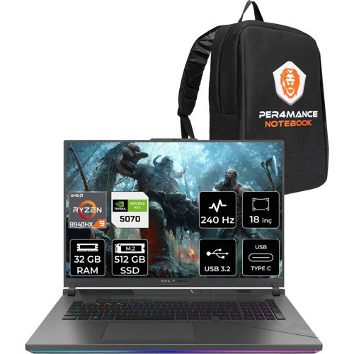 Rog Strix G18 Ryzen 9 8940HX RTX 5070 8GB Gaming Laptop 32GB RAM 512GB SSD 18" QHD+ 240Hz FreeDOS + Per4 Çanta G814PPS9002P317