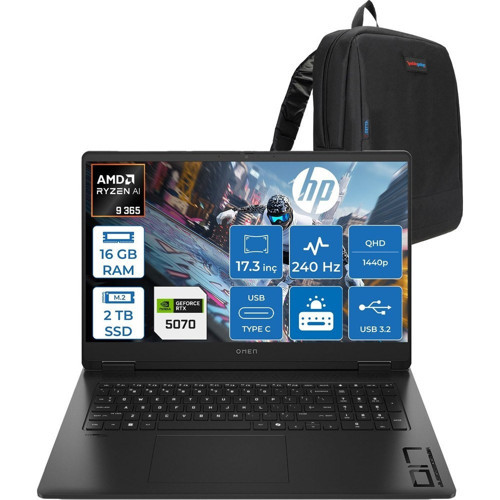 Omen Amd Ryzen Aı 9 365 16GB 2tb SSD 8GB/RTX5070 17.3" Qhd (2560X1440) 3ms IPS 240Hz Windows 11 Home Taşınabilir Oyun Bilgisayarı CD5N0EAH03 + Zettaçanta