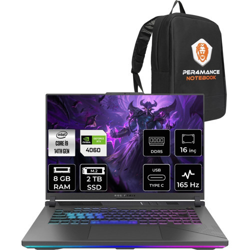 Rog Strix G16 i9 14900HX RTX 4060 Gaming Laptop 8GB RAM 2TB SSD 16" FHD+ 165Hz Win11 Pro + Per4 Çanta N3117P384