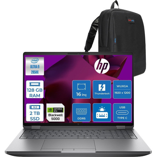 Zbook Fury G1I Intel Ultra 9 285HX Ddr5 128GB 2tb SSD 24GB/RTXPRO5000 Wuxga 400NITWi-Fi 7+Bt 5.4 Windows 11 Pro Aı Iş Istasyonu 5F9T8ESP43 + Zettaçanta