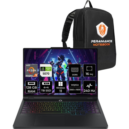 Legion Pro 5 Ryzen 9 8940HX RTX 5070 8GB Gaming Laptop 128GB RAM 4TB SSD 16" QHD+ 240Hz Win11 Pro + Per4 Çanta 83LT0046TRP480