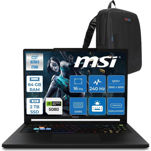 Raider 16 Hx B2WI-021TR Intel Ultra 9 275HX Aı 64GB Ddr5 2tb SSD 16GB/RTX5080 175W 16" QHD+(2560X1600), 240Hz IPS 100% Dcı-P3 Freedos Gaming Laptop MSW021TRF29+ZETTAÇANTA