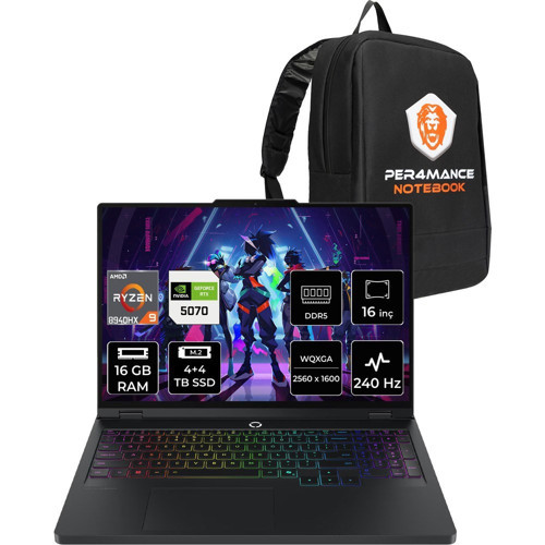 Legion Pro 5 Ryzen 9 8940HX RTX 5070 8GB Gaming Laptop 16GB RAM 4TB SSD 16" QHD+ 240Hz FreeDOS + Per4 Çanta 83LT0046TRP312