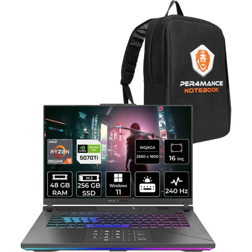 Rog Strix G16 Ryzen 9 9955HX RTX 5070 Ti 12GB Gaming Laptop 48GB RAM 256GB SSD 16" QHD+ 240Hz Win11 Pro + Per4 Çanta G614FRS5112P406