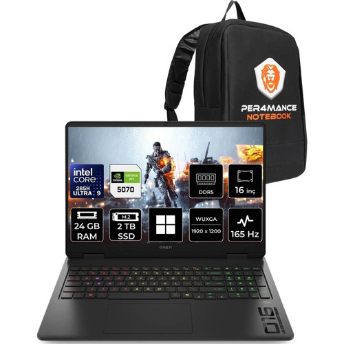 Omen Slim 16 Core Ultra 9 285H RTX 5070 8GB 24GB RAM 2TB SSD 16" FHD+ 165Hz Win11 Pro CD7K0EAPN414 Gaming Laptop + Per4 Çanta