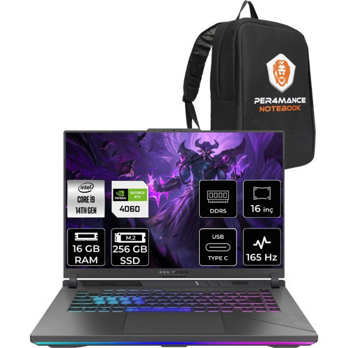 Rog Strix G16 i9 14900HX RTX 4060 Gaming Laptop 16GB RAM 256GB SSD 16" FHD+ 165Hz FreeDOS + Per4 Çanta N3117P306