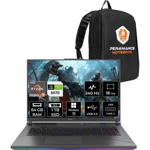 Rog Strix G18 Ryzen 9 8940HX RTX 5070 8GB Gaming Laptop 64GB RAM 1TB SSD 18" QHD+ 240Hz Win11 Pro + Per4 Çanta G814PPS9002P413