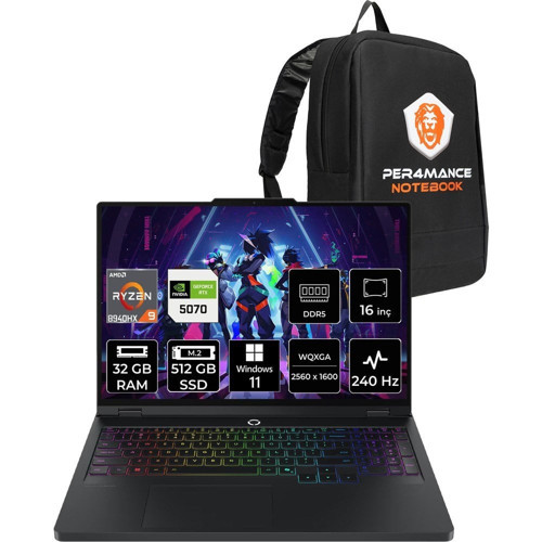 Legion Pro 5 Ryzen 9 8940HX RTX 5070 8GB Gaming Laptop 32GB RAM 512GB SSD 16" QHD+ 240Hz Win11 Pro + Per4 Çanta 83LT0046TRP440