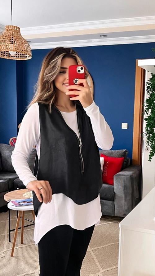 Kadın Uzun Kol Asimetrik Kesim Viskon Bluz Ve çatlak Deri Görünümlü Fermuar Detaylı Yelek Ikili Takı