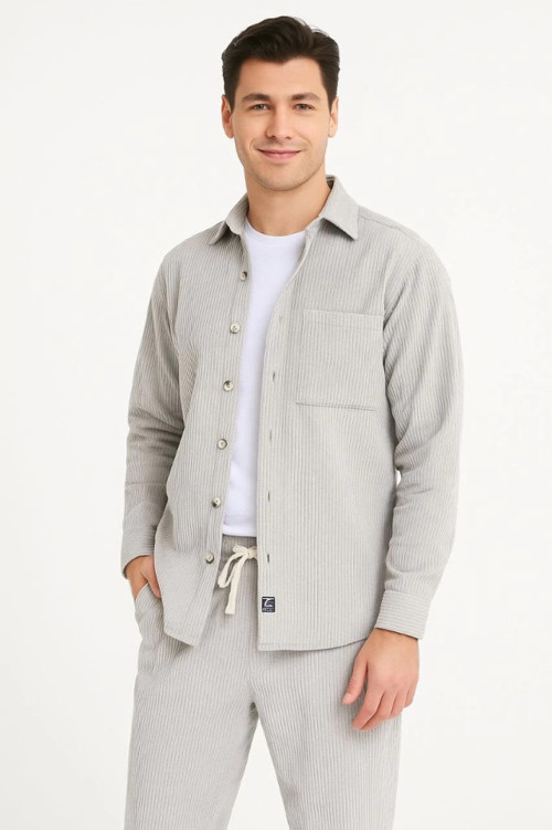 Erkek Kadife Oversize Takım – Gömlek Ve Pantolon İkili Set Füme Corduroy Şıklığı, Rahat Ve Zarif Dur
