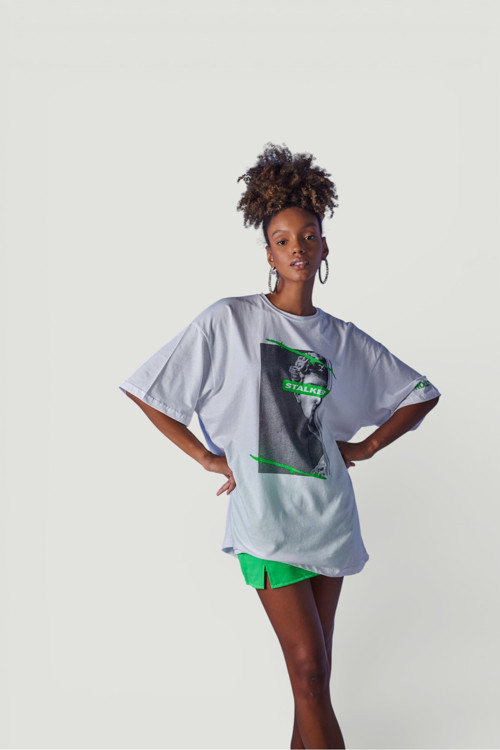 Kadın Beyaz Baskılı Oversize Bisiklet Yaka Stalker T-shirt