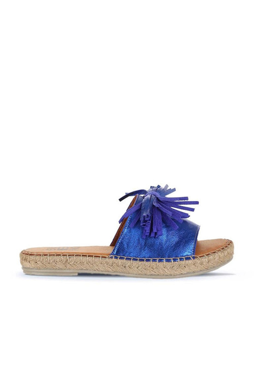 Mavi Parlak Deri Kadın Espadril Terlik