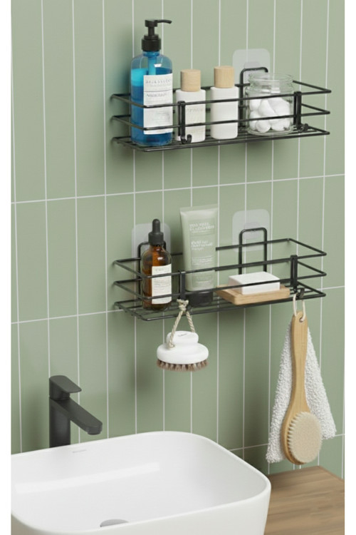 Yapışkanlı tek katlı Banyo duş organizeri, banyo rafı 2 adet