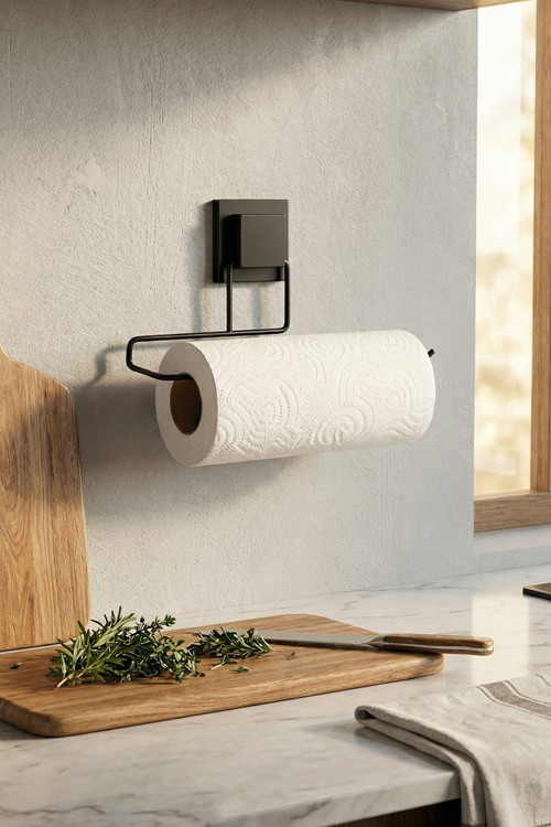 Lüks Siyah Kağıt Havluluk Premium Tasarım, Delmeden Montaj Güçlü Yapışkanlı Mutfak Banyo Düzenleyici