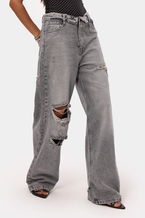 Kadın Füme 4s6-12 Straight Fit Kemer Detaylı Özel Tasarım Denim Jean