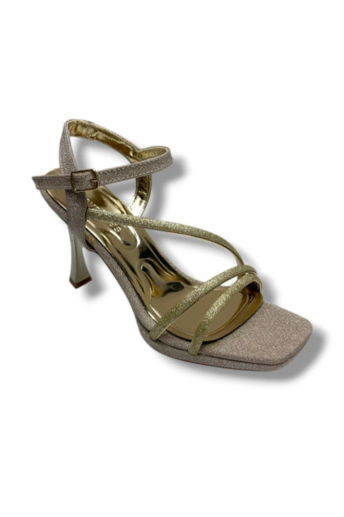 688-26 Parlak Simli Saten 3 Bant Orta Topuk Kadın Sandalet(10cm)