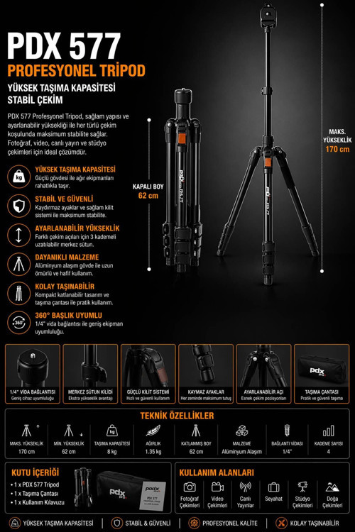 577 Profesyonel Tripod | Yüksek Taşıma Kapasitesi | Stabil Çekim