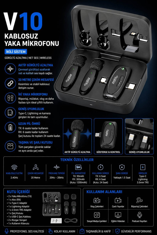 PRO V10 Kablosuz Yaka Mikrofonu | İkili | Wireless