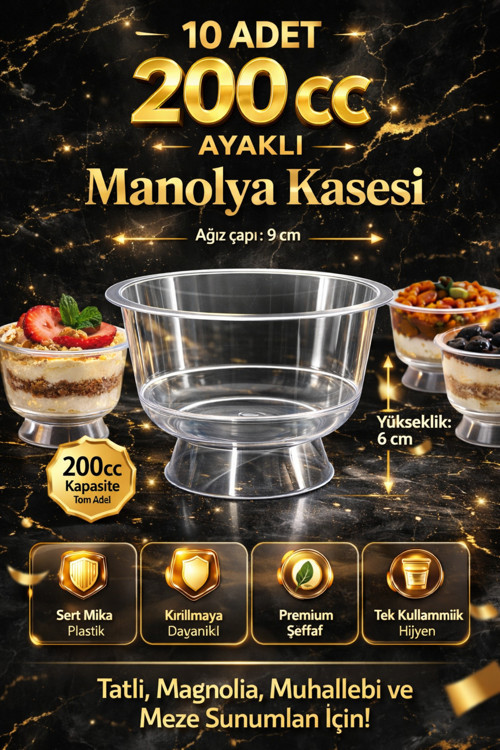 ayaklı magnolya Kasesi 200 cc 10 Adet Şeffaf Sert Mika Tatlı Muhallebi Tiramisu Sunum Kabı *