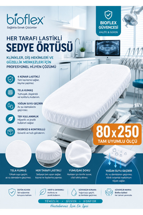 100 Adet Her Tarafı Lastikli Yeni Nesil Sedye Örtüsü 80x240 – Tek Kullanımlık, Hijyenik