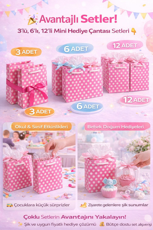 Hediye Çantası 12x17 cm Pembe Puantiyeli Karton Hediye Poşeti Doğum Günü Parti Hediyelik Çantası 3
