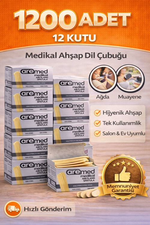 12 Kutu Medikal Abeslang Ahşap Dil Çubuğu - Ağda Spatulası 12×100'lü