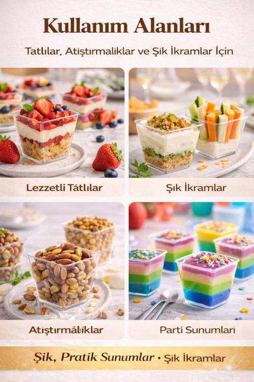 Sunum Kasesi Plastik Tatlı Kasesi 5 ADET 200 CC Kübik Prizma Kase Magnolya,Puding,Meze,Tiramisu