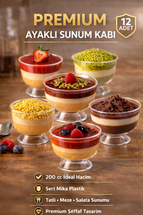 12 Adet Ayaklı Mika Kristal Sunum Kabı 200 cc Şeffaf Sert Plastik Tatlı Meze Dondurma Magnolya kase