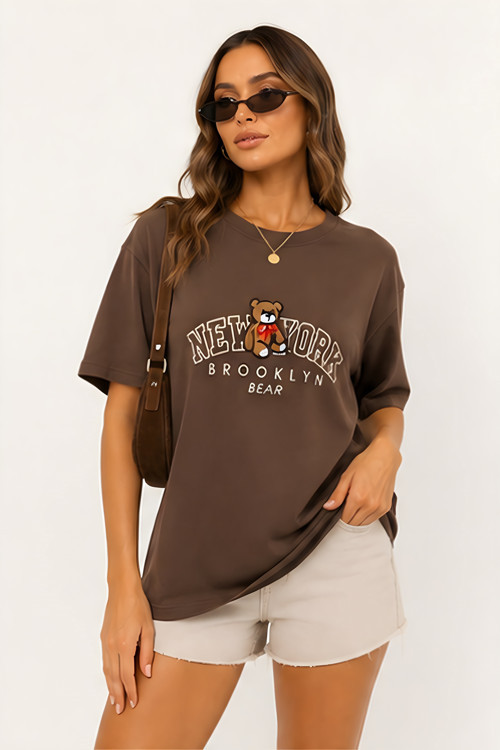Woman Kadın New York Bear Baskılı Oversize Tişört D.11156K