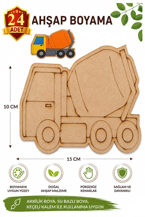 Ahşap Boyama Mikser 24 Adet 10x15cm Araba Boyama Figürü Etkinlik Çoçuk Gelişim Motor Beceri Kreş Anasınıfı