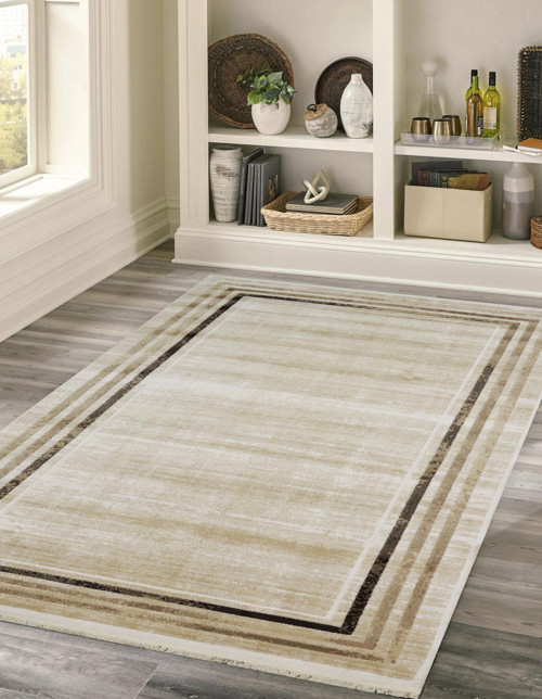 Asel Bordürlü Krem Modern Akrilik Makine Dokuma Salon Halısı - 11520