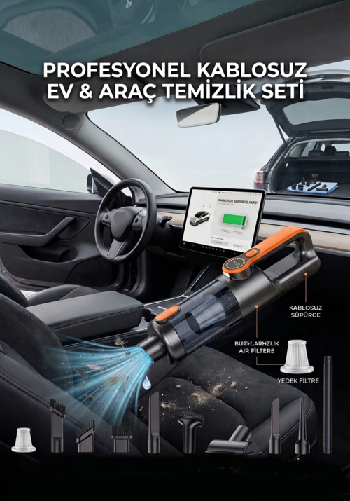 Araç İçi Uyumlu Şarjlı El Süpürgesi Yüksek Vakum Gücü Type-c Sarj 22000PA